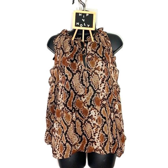 1. State Serene Snake Print Ruffled Cold Shoulder Blouse Brown Black Size Small - Picture 6 of 11